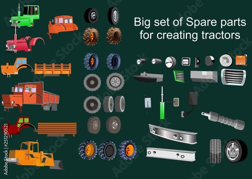 Tractor creator set, elements and pare parts, vector illustration
