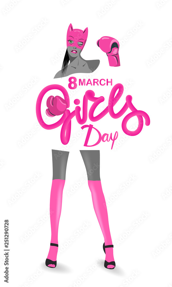 Girls day poster with a young woman in boxing gloves and mask and pink handrawn volune letters. Vector illustration Girls day poster with a young woman in boxing gloves and mask and pink handrawn volune letters. Vector illustration