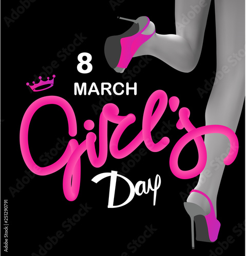 8 march girl's daybanner with running woman legs on heels. Vector illustration