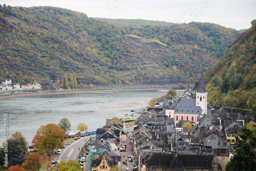 View from Burg Rheinfels to Sankt Goar and Sankt Goarhausen towns in the Rhein river valley photo