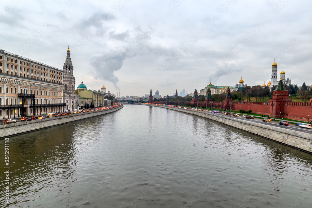 Moscow Kremlin embankment in the summer evening, An overcast, rainy day.