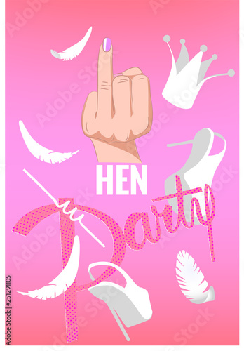 Hen party banner with girl design elements and feathers. Vector illustration