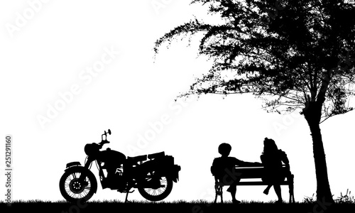 silhouette of lover couple with classic motorcycle on white background