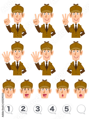 指で数字を数える探偵の上半身　表情と数字のセット