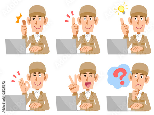 ノートパソコンを操作する作業スタッフ　表情と仕草のセット