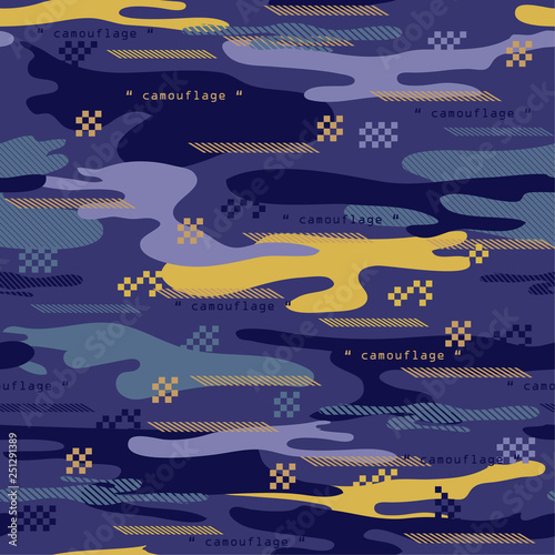 Modern Seamless pattern  urban Camouflage with stripe and geometric mix   Vector illustration design for fashion cloth wallpaper  fabric and all prints on dark blue background color