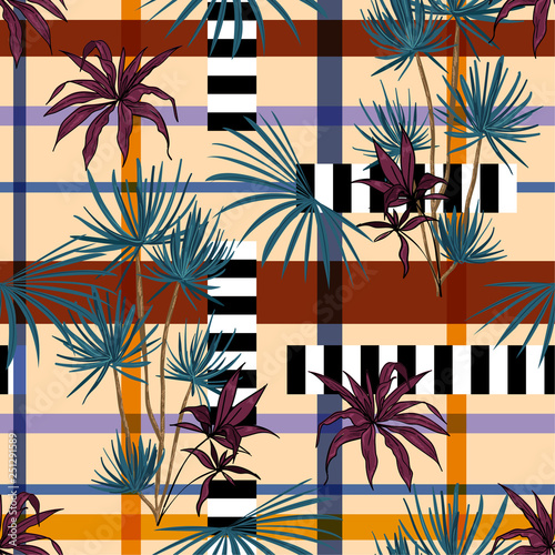 Beautiful modern tropical plam trees and leaves mixed with geometric stripe modern line seamless pattern on vector design for fashion,fabric,wallpaper, and all prints