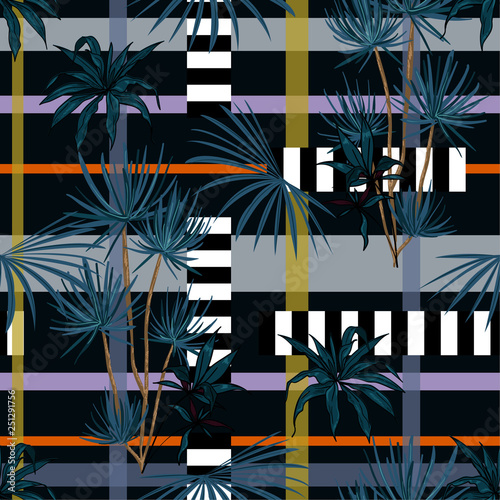 Dark tropical plam trees and leaves mixed with geometric stripe modern line seamless pattern on vector design for fashion,fabric,wallpaper, and all prints