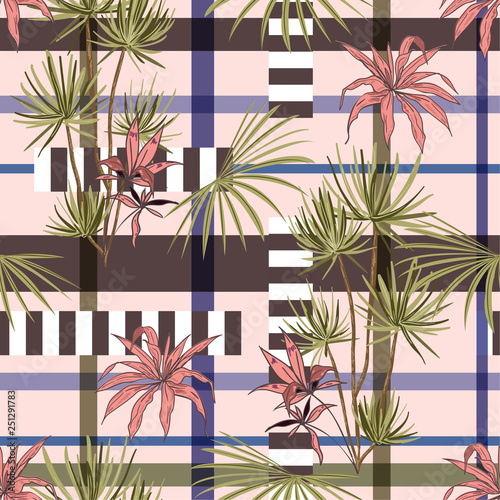 Retro tropical plam trees and leaves mixed with geometric stripe modern line seamless pattern on vector design for fashion,fabric,wallpaper, and all prints