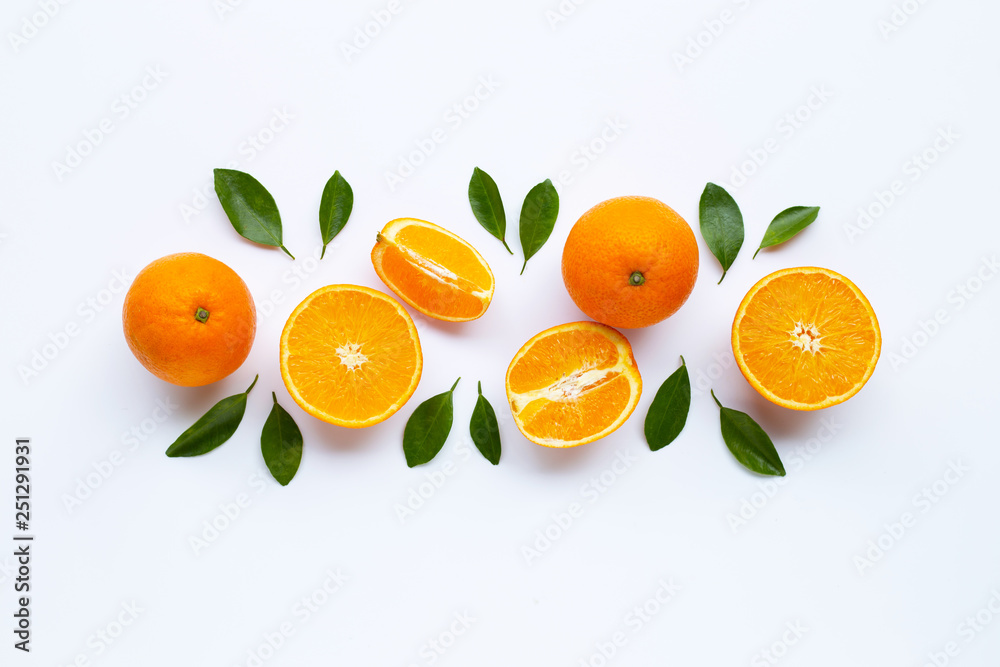 High vitamin C. Fresh orange citrus fruit with leaves isolated on white . High vitamin C. Fresh orange citrus fruit with leaves isolated on white .