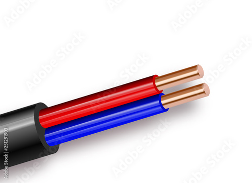 Flexible two-wire electrical copper cable isolated on white background. Copper multicore cable with double color insulation. Close-up of the cross section. Power wire. Vector illustration