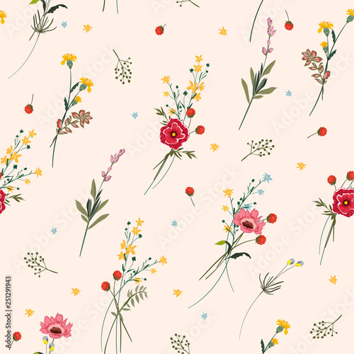 Floral seamless pattern many kind of blooming meadow flowers Botanical  Motifs scattered random . Seamless vector texture. Elegant template for fashion prints.