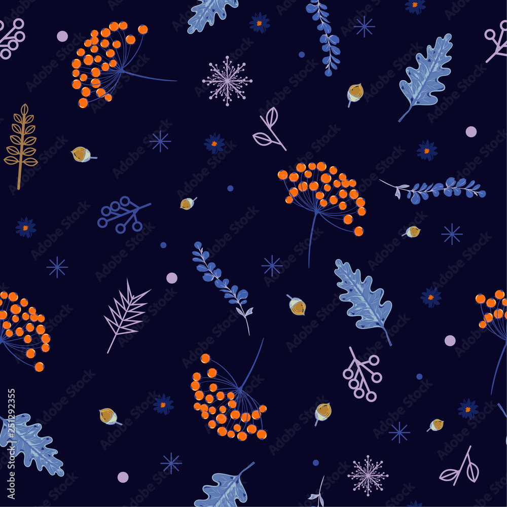 Navy blue of Hand drawn floral winter seamless pattern with christmas leaves and berries. Vector illustration background design Navy blue of Hand drawn floral winter seamless pattern with christmas leaves and berries. Vector illustration background design