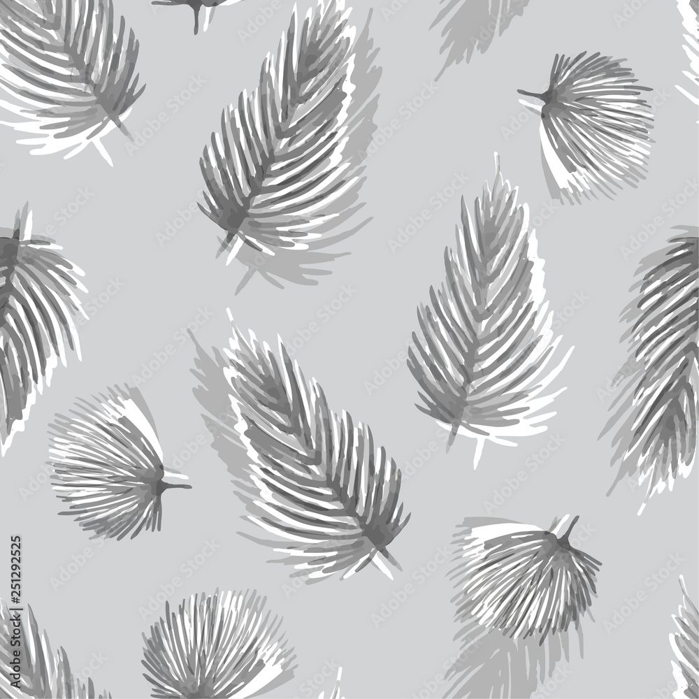 Monotone white and grey Watercolor seamless pattern with tropical leaves: palms, monstera. Beautiful allover print with hand drawn exotic plants, Monotone white and grey Watercolor seamless pattern with tropical leaves: palms, monstera. Beautiful allover print with hand drawn exotic plants,
