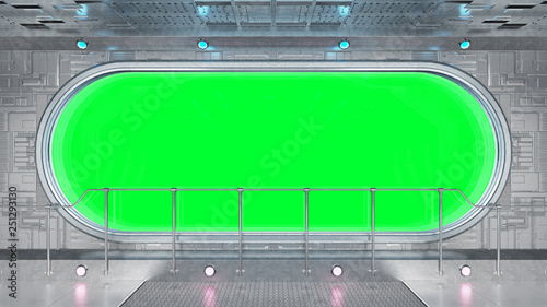 Fototapeta Naklejka Na Ścianę i Meble -  White tech spaceship round window interior background 3D rendering