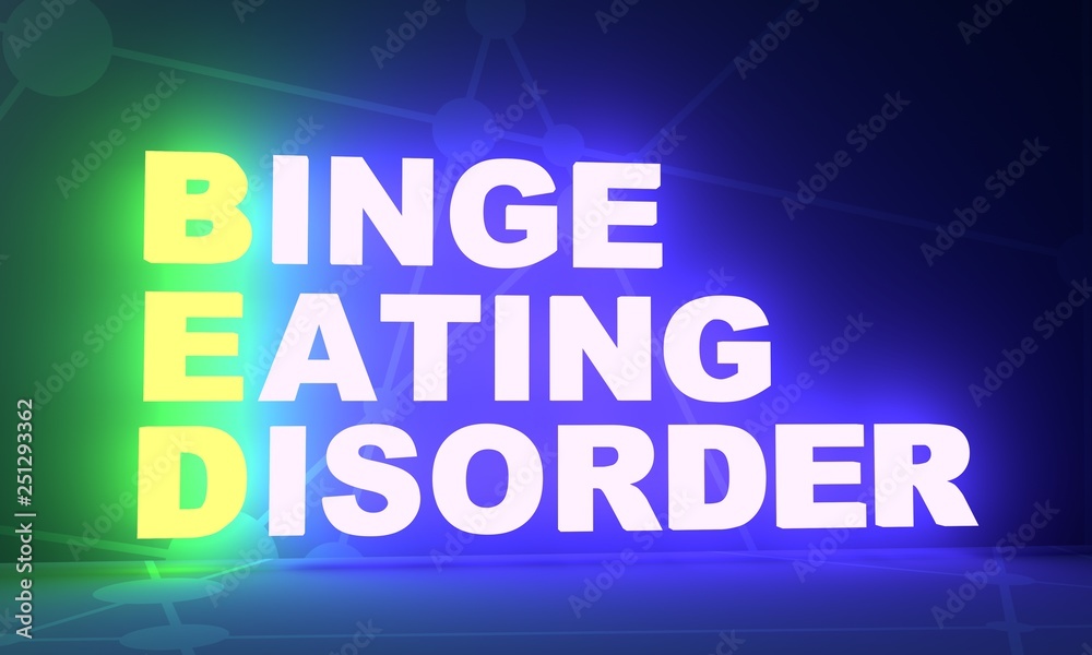 Acronym BED - Binge Eating Disorder. Helthcare conceptual image. 3D rendering. Neon bulb illumination