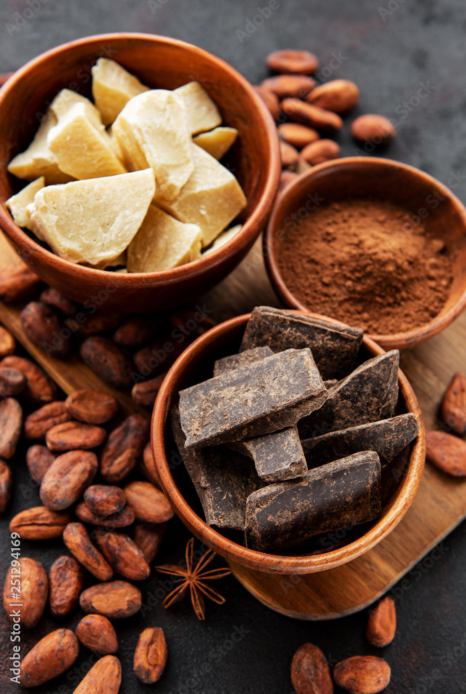 Cocoa beans, butter and chocolate Cocoa beans, butter and chocolate