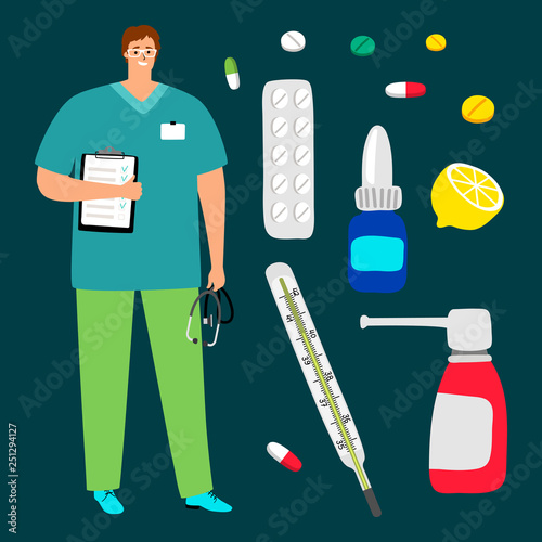 Doctor, pills and medications icons on dark background, vector illustration