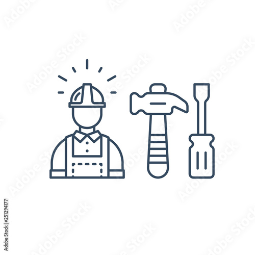 Labor workforce, construction worker in helmet, work tools