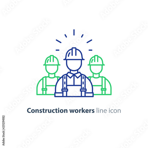 Labor workforce, construction workers group in helmet, three builders