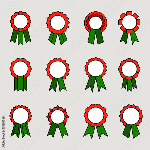 Award medals with ribbons, red and greed vector icons set