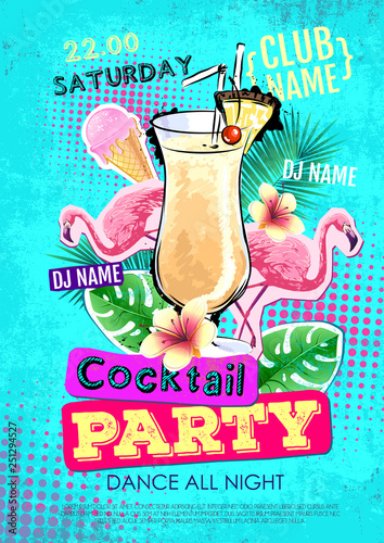 Cocktail party disco poster design. Zine cutlure style