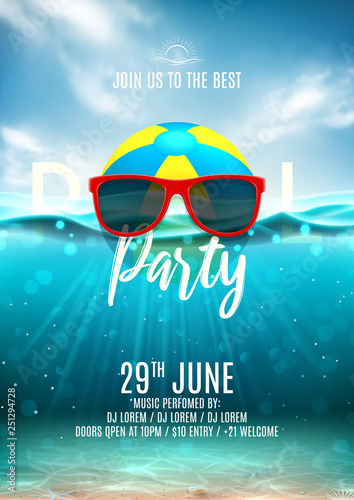Summer pool party flyer template. Vector illustration with underwater ocean scene with seashells and waves. Background with realistic clouds and marine horizon. Invitation to nightclub.
