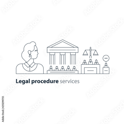Legal court house trial services icons, lawyer man, advocacy attorney expert