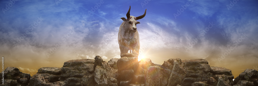 bull at sunset. 3d rendering