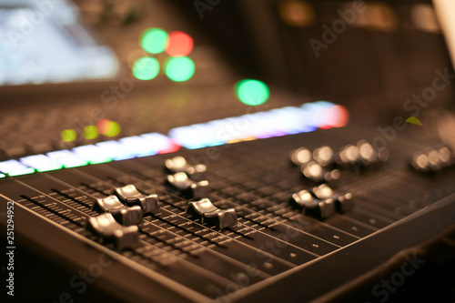 Equipment for sound mixer control in studio TV station, Audio and Video Production Switcher of Television Broadcast.
