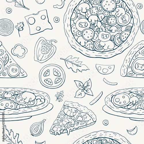 Seamless pattern with pizza and vegetables on  a light background. Vector pattern with italian food