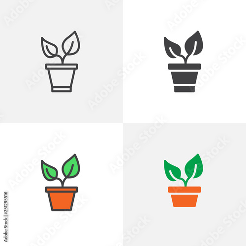 Plant and pot icon. Line, glyph and filled outline colorful version, Sprout outline and filled vector sign. Symbol, logo illustration. Different style icons set