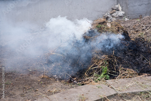 Smoldering ashes of a bonfire. Fire flame in a brick barbecue