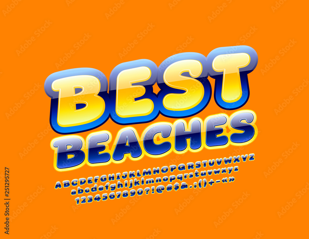 Vector bright Sign Best Beaches. Decorative Alphabet Letters, Numbers and Symbols. Rotated glossy Font. Vector bright Sign Best Beaches. Decorative Alphabet Letters, Numbers and Symbols. Rotated glossy Font.