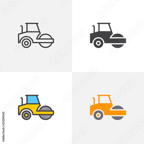 Road roller icon. Line, glyph and filled outline colorful version, steamroller truck construction machinery outline and filled vector sign. Symbol, logo illustration. Different style icons set