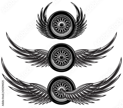 Vector set of monochrome patterns - wheel with wings photo