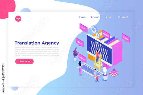  Online Translation agency isometric concept. Interpretation services. Vector illustration