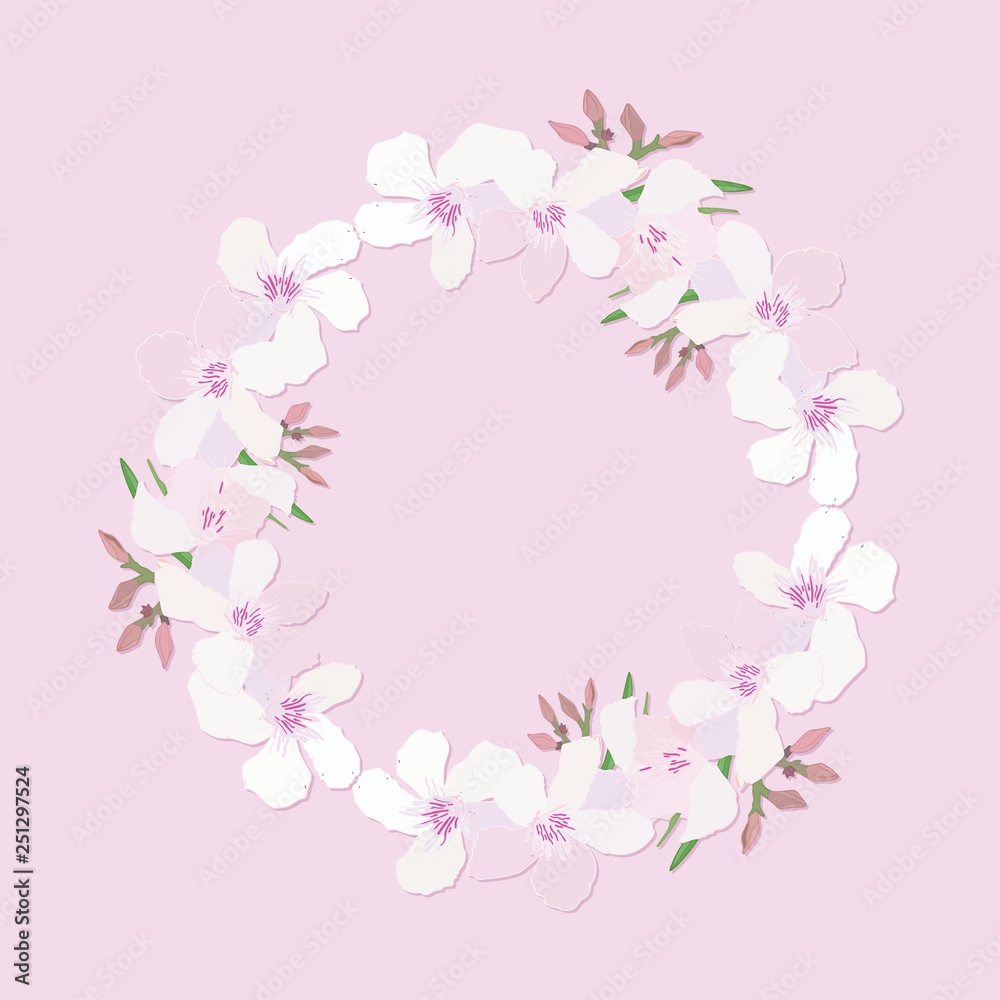 Floral wreath with branch of delicate pink blooming flowers, bud and leaves isolated on pink background. Design for invitation, wedding or greeting cards with tropical exotic oleander. Vector