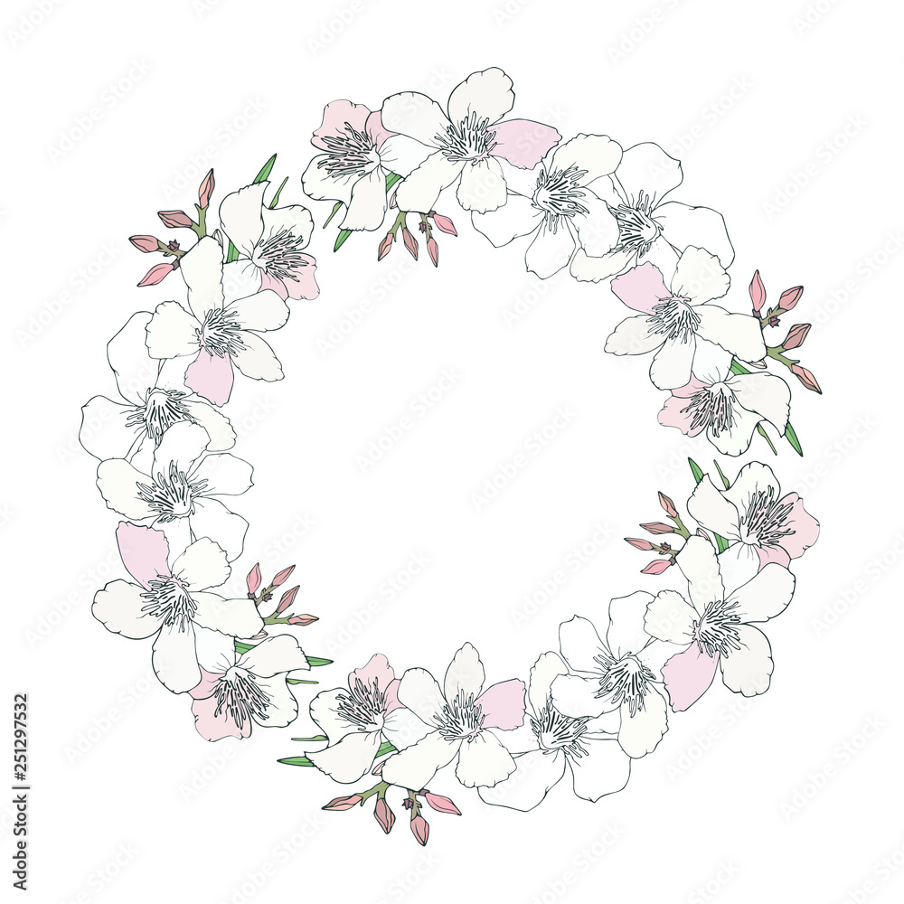 Floral wreath with branch of pink and black and white blooming flowers, bud isolated on white background. Design for invitation, wedding or greeting cards with tropical exotic oleander. Vector