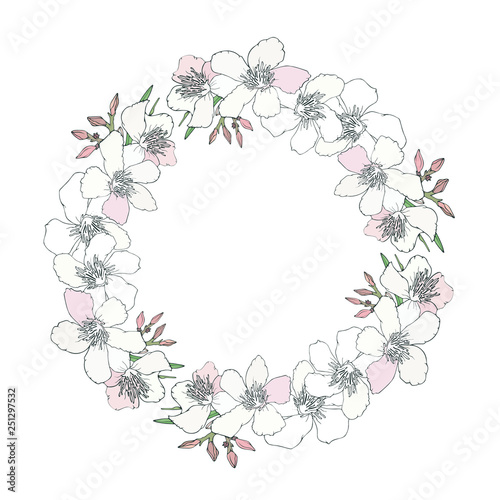 Floral wreath with branch of pink and black and white blooming flowers  bud isolated on white background. Design for invitation  wedding or greeting cards with tropical exotic oleander. Vector