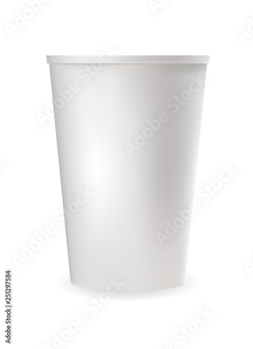 Realistic white plastic cup for cold and hot drinks.