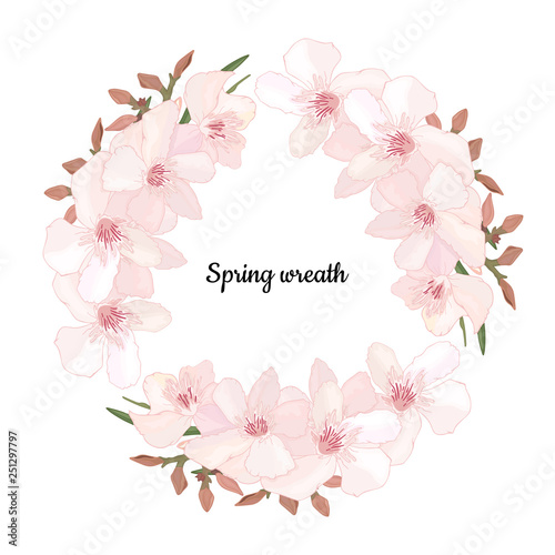 Elegant floral wreath with branch of delicate pink blooming flowers, bud and leaves isolated on white background. Design for invitation, wedding or greeting cards with tropical exotic oleander. 