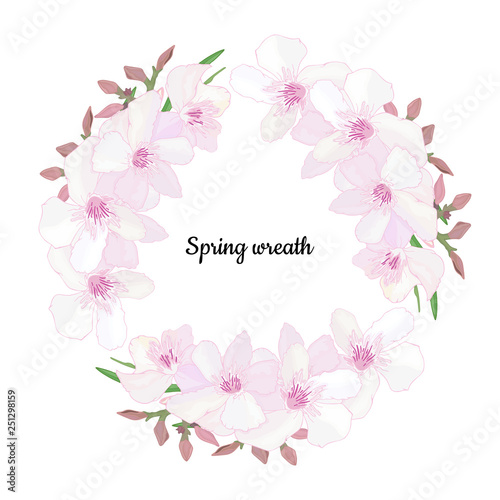 Elegant floral wreath with branch of delicate pink blooming flowers, bud and leaves isolated on white background. Design for invitation, wedding or greeting cards with tropical exotic oleander. Vector