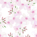 Spring floral seamless pattern with delicate flowers and buds of pink oleander on white background. Tropical endless texture. Summer print. Textile design. Blooming Nerium garden. Vector illustration