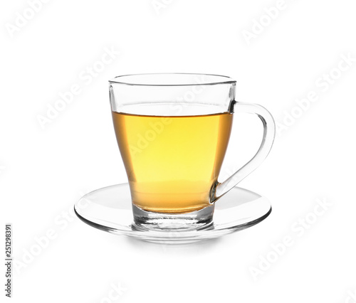 Cup of tasty hot tea on white background