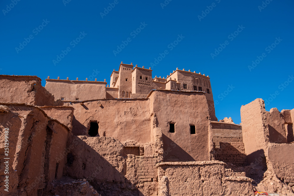 Ait Ben Haddou (Ait Benhaddou) is a fortified city on the former caravan route. Near Ouarzazate and the Sahara desert and Marrakech in Morocco. Fortified village ksar. UNESCO world heritage.