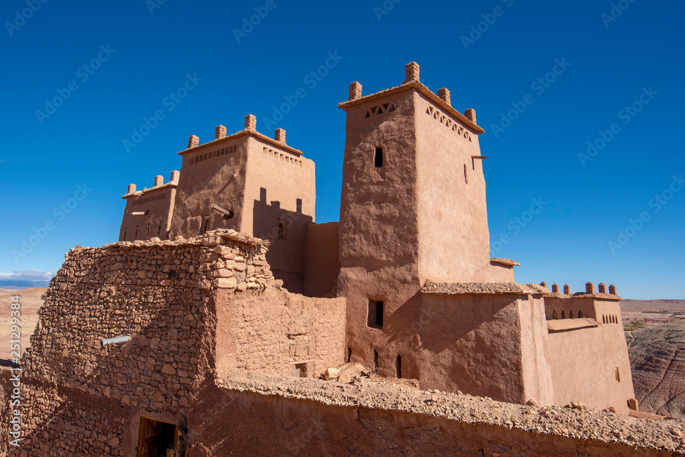 Ait Ben Haddou (Ait Benhaddou) is a fortified city on the former caravan route. Near Ouarzazate and the Sahara desert and Marrakech in Morocco. Fortified village ksar. UNESCO world heritage.