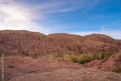 River area at M   Goun Valley     the Valley of the roses  where blossoms are harvested to make Rose Oil and other cosmetic products. Todra gorge and high atlas mountain. 