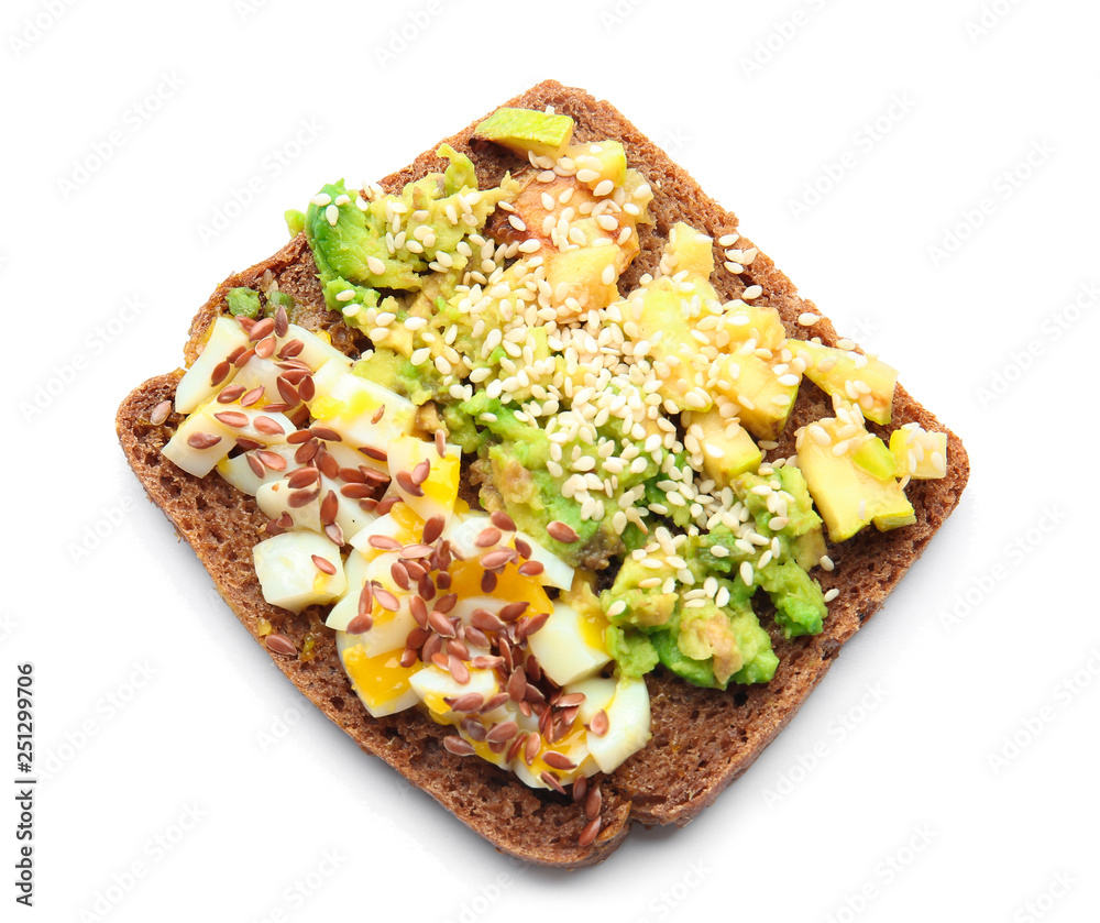 Tasty sandwich with avocado and egg on white background