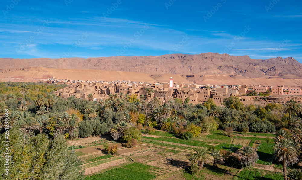 River area at M’Goun Valley – the Valley of the roses, where blossoms are harvested to make Rose Oil and other cosmetic products. Todra gorge and high atlas mountain.  Berber houses